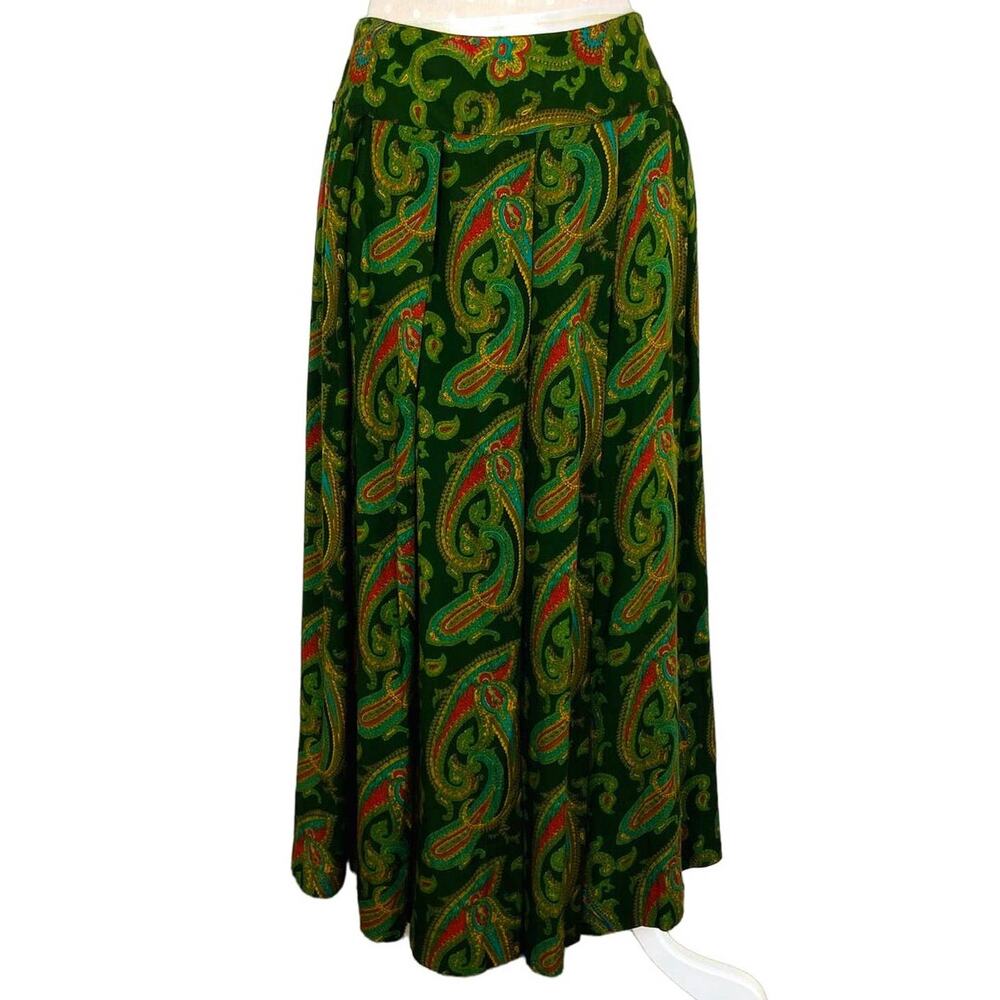 Vintage Midi Skirt Liz Claiborne Sport Size 10 Petite Green Paisley Pleated